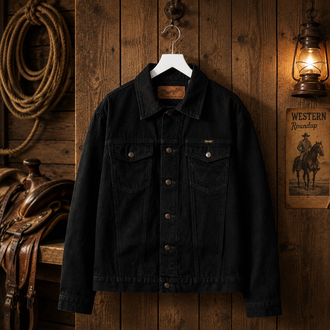 Wrangler 威格美式复古黑色翻领重磅工装帅气男士牛仔外套14.05OZ