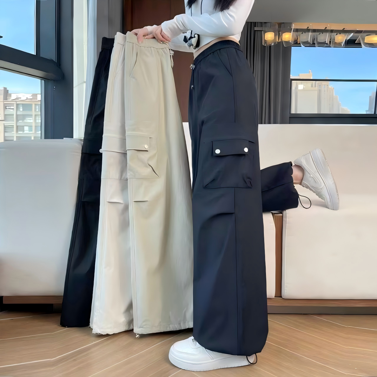 冰丝高腰多口袋宽松显瘦工装裤