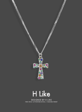 彩色水钻十字架钛钢蛇骨项链