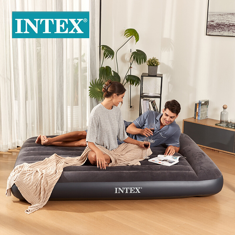 INTEX64143黑白内置枕头单层双人加大线拉空气床植绒野营充气床垫