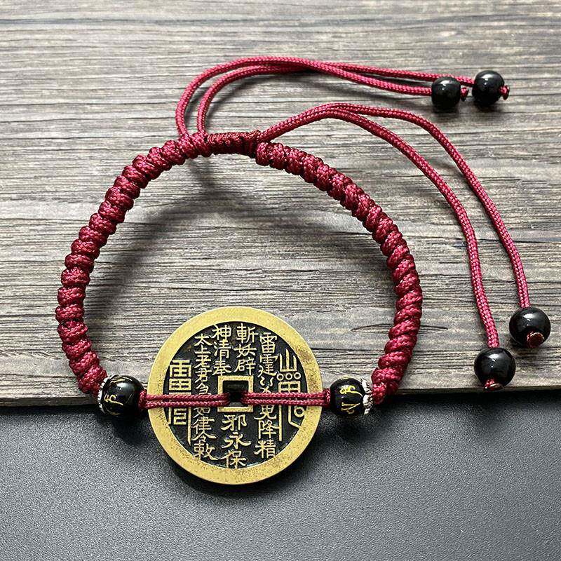 纯铜山鬼花钱手链红绳仿古铜钱手绳男女士情侣款纯手工编织铜脚链