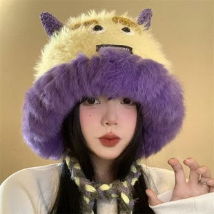 小怪兽毛绒帽女秋冬季可爱显脸小护耳雷锋帽加绒加厚保暖防寒帽子