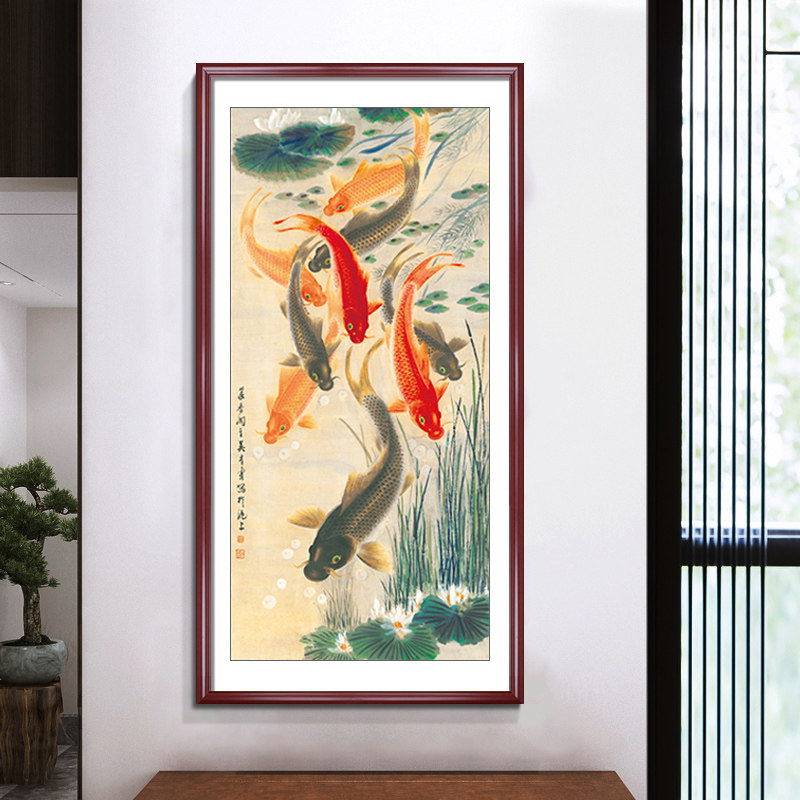 网红九鱼图入户玄关装饰画走廊过道尽头竖版新中式V客厅壁画牡丹