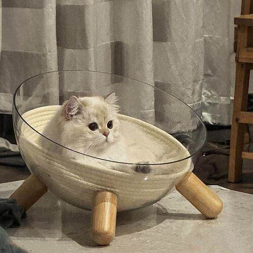 太空舱猫窝四季通用高透冰窝半封闭亚克力实木转盘猫玩具猫床厂家