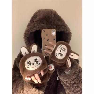 可爱卡通毛绒茸手套女冬季2025新款翻盖半指触屏加厚写字骑行厂家