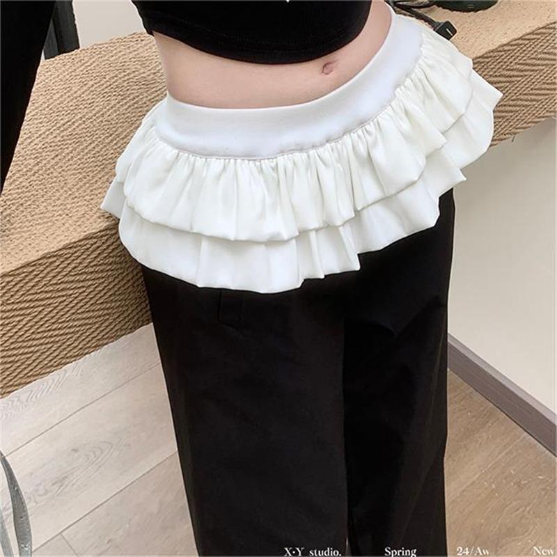芭蕾风蓬蓬裙拼接休闲裤女春季高腰直筒黑色裤子宽松阔腿拖地厂家