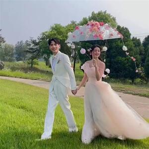 外景旅拍新款婚纱摄影道具花伞粘花透明伞小清新时尚简约风手厂家