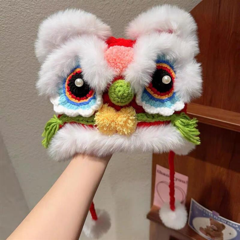 新年醒狮仿貂毛帽子毛线帽秋冬手工帽保暖可爱传统虎头帽毛绒厂家