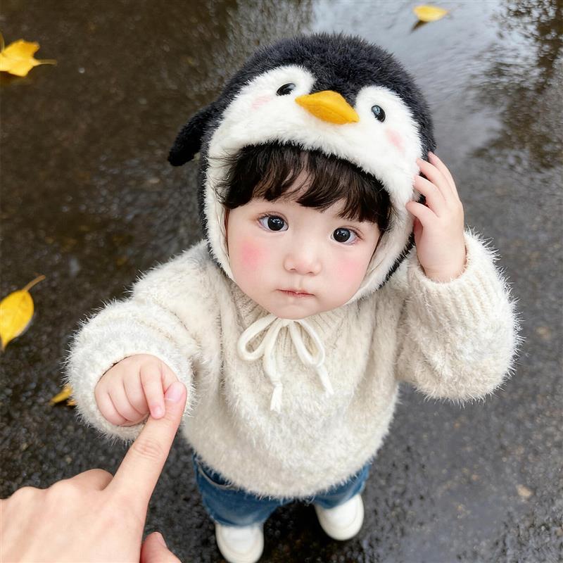 企鹅毛绒帽子秋冬季护耳帽儿童宝宝保暖防寒可爱亲子针织包厂家