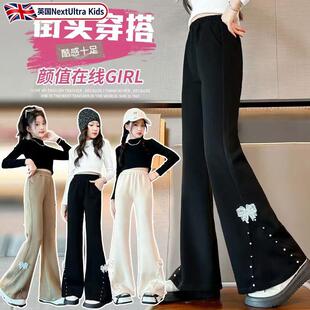 女童裤子2025新款冬加厚儿童黑色加绒喇叭裤女孩蝴蝶结一体绒厂家