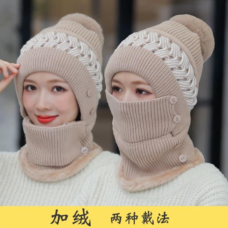 冬季妈妈帽子女毛线帽围脖口罩一体围巾中老年护耳防风老人帽厂家