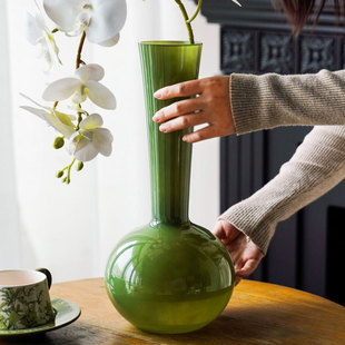 新中式中古侘寂风玻璃花瓶复古琉璃花器高级感餐桌摆件蝴蝶兰插花