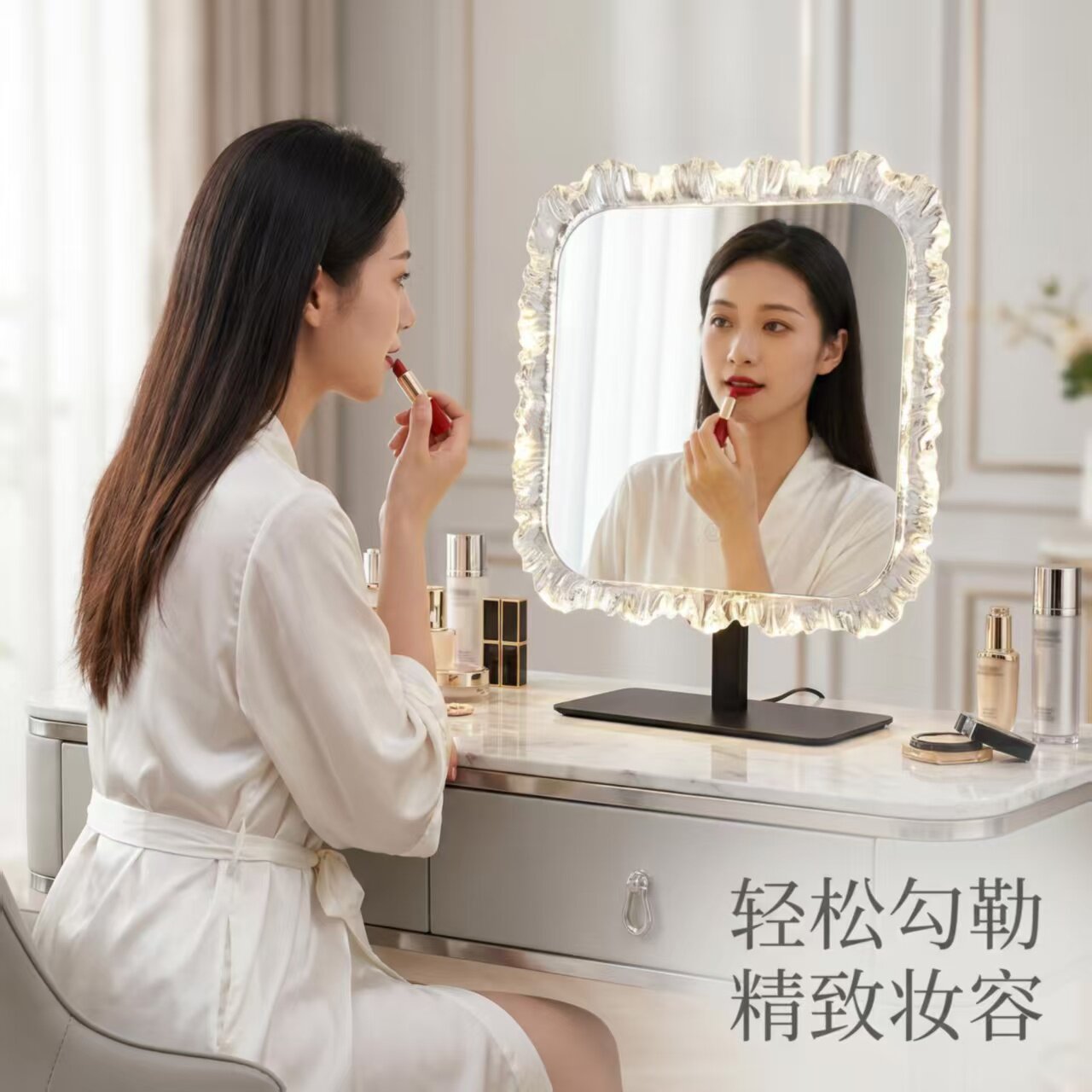 太阳花网红可发光台式化妆镜亚克力梳妆镜卧室led灯梳妆台轻奢镜