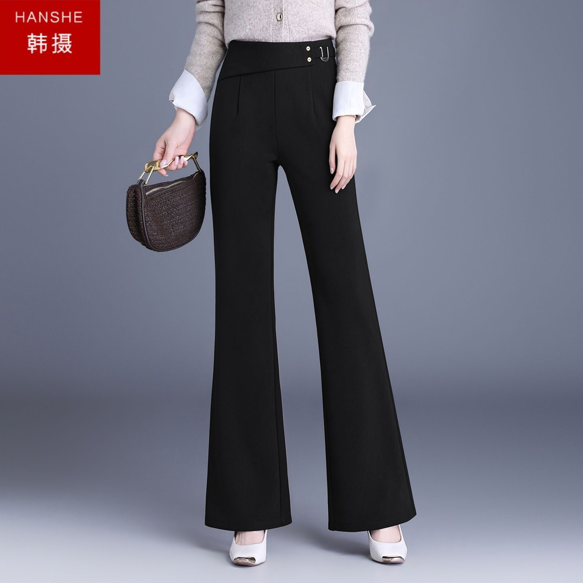 韩摄2026秋季新款黑色微喇裤女韩版时尚高腰修身显瘦女士休闲长裤