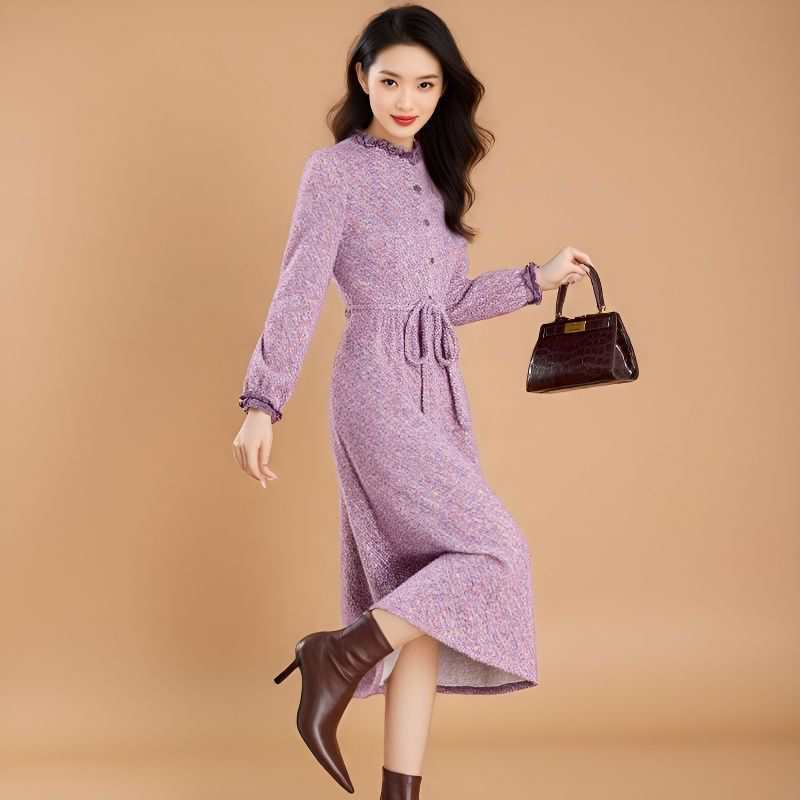 长袖小香风早秋连衣裙女冬配大衣内搭裙高级感时髦洋气长裙气质