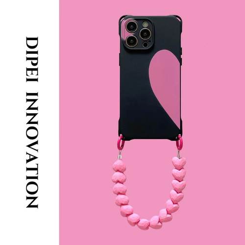 日韩少女心黑色壳苹果14PM带链条