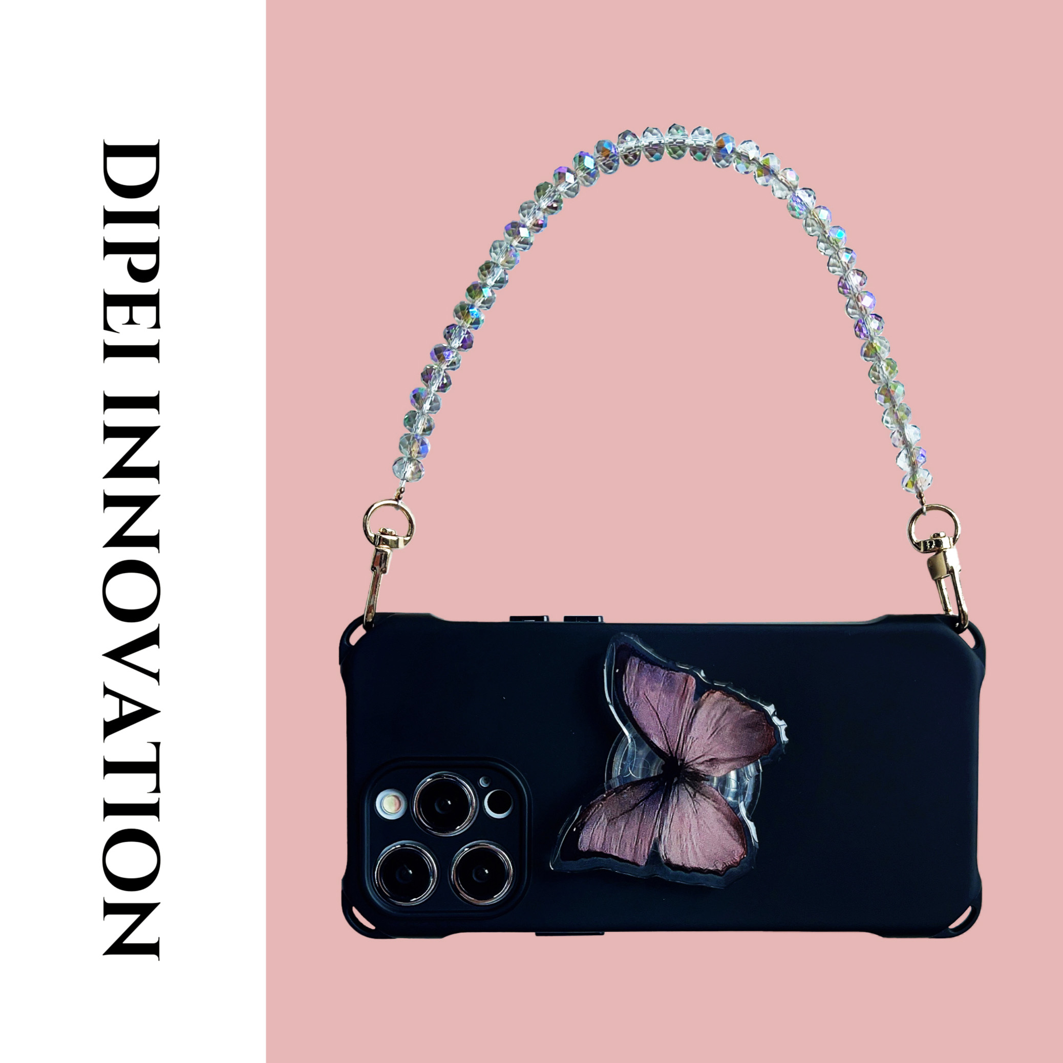 ins风紫灰蝴蝶斜挎苹果15手机壳