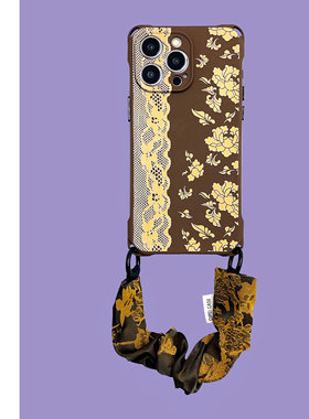 复古风蕾丝山茶花挂绳手机壳16Promax适用苹果iPhone15pro防摔小米14手提荣耀华为nova12斜挎侧背复古百搭女