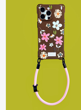 新款满屏小碎花手机壳16promax斜挎侧背挂绳Pura70适用苹果iPhone15防摔华为nova12pro手提mate60防摔巧棕色