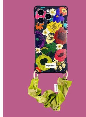 日韩彩色花源挂绳斜挎手机16Promax防摔适用mate60小米14荣耀200华为nova12苹果iPhone15手腕Pura70Ultra软壳