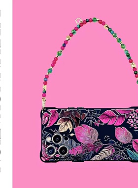 ins时尚黑树粉叶手腕链条手机壳15Promax防摔14斜挎11挂绳适用华为iPhone13新款mate60pro软中古风新款nova12