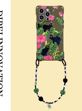 日韩卡通黑猫带链条手机壳14Plus防摔斜挎12Pro适用苹果iPhone15Proma镜头全包13四角开孔xsm松绿软11保护套