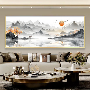 日出东方轻奢高级感客厅挂画旭日东升沙发背景墙山水画新中式油画