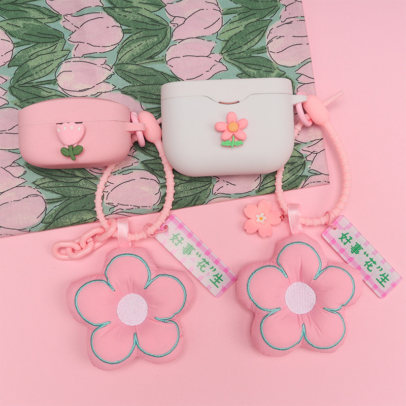 适用Sony/索尼 WF-1000XM3/4无线蓝牙耳机保护套春天粉色花朵软壳