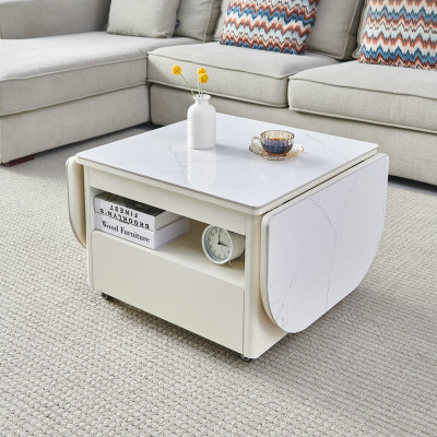 奶油风迷你烤漆岩板升降茶几小户型专用可移动储物多W功能茶几边