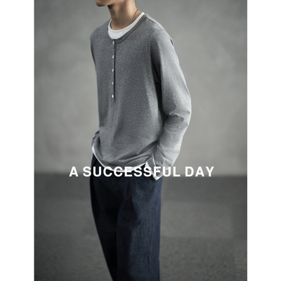 ASSDY|180g/㎡亚麻精棉/假两件亨利领花纱长袖T恤男夏季打底衫潮