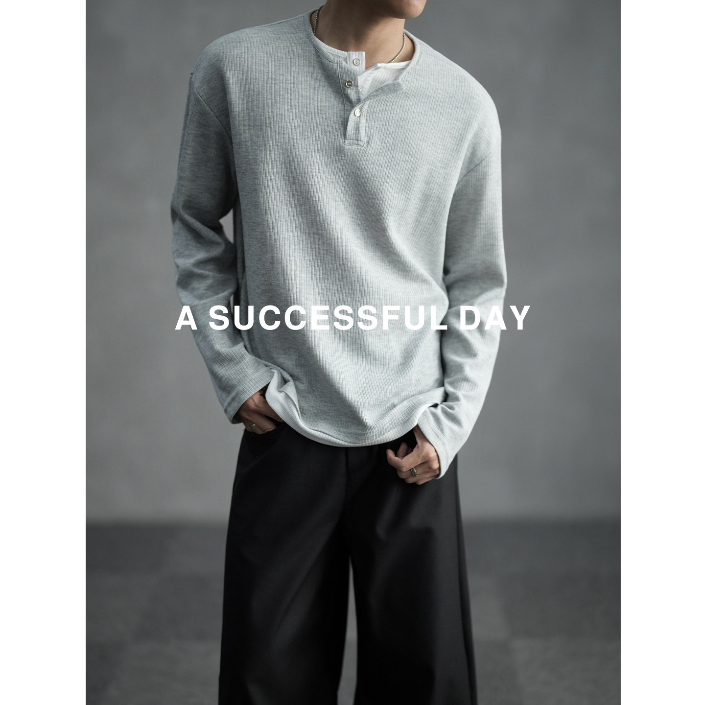 ASSDY|竖向柔弹坑条/秋季假两件亨利长袖T恤男士打底衫休闲上衣潮