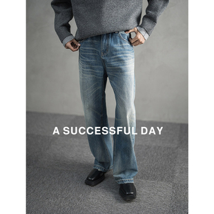 ASSDY|重工水洗做旧磨白牛仔裤男2025冬季新款宽松百搭直筒长裤子