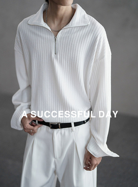 ASSDY|肌理感老钱风慵懒半拉链针织衫卫衣男士2025春秋潮T恤上衣