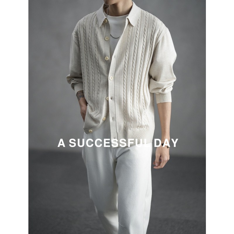 ASSDY|羊毛桑蚕丝/麻花编织纹理/春季薄款毛衣开衫男士翻领外套潮