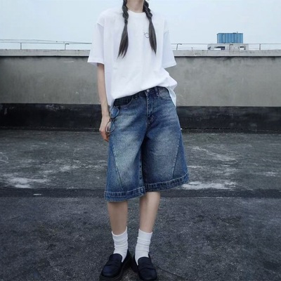 水洗复古蓝设计感五分阔腿牛仔短裤女夏季大码百搭小个子直筒裤子