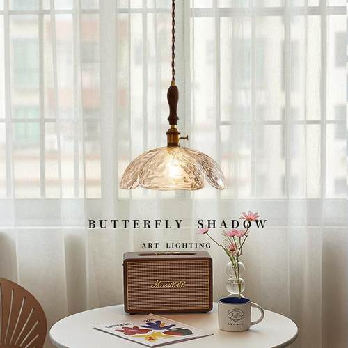 日式复古餐厅餐桌单头玻璃吊灯法式田园民宿吧台黄铜胡桃木过道灯