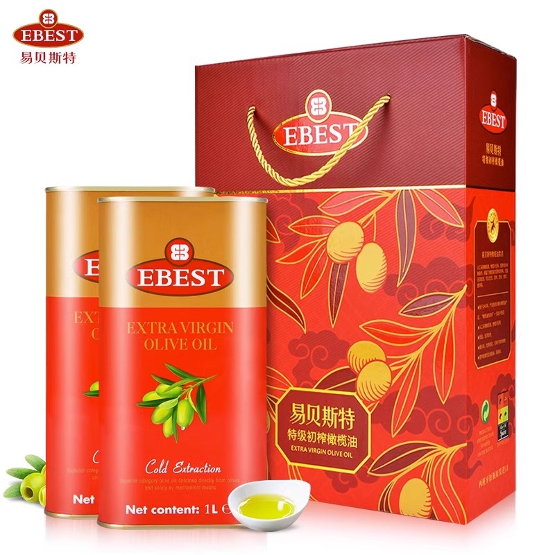 易贝斯特1L铁听x2中国红礼盒西班牙原装进口特级初榨橄榄油