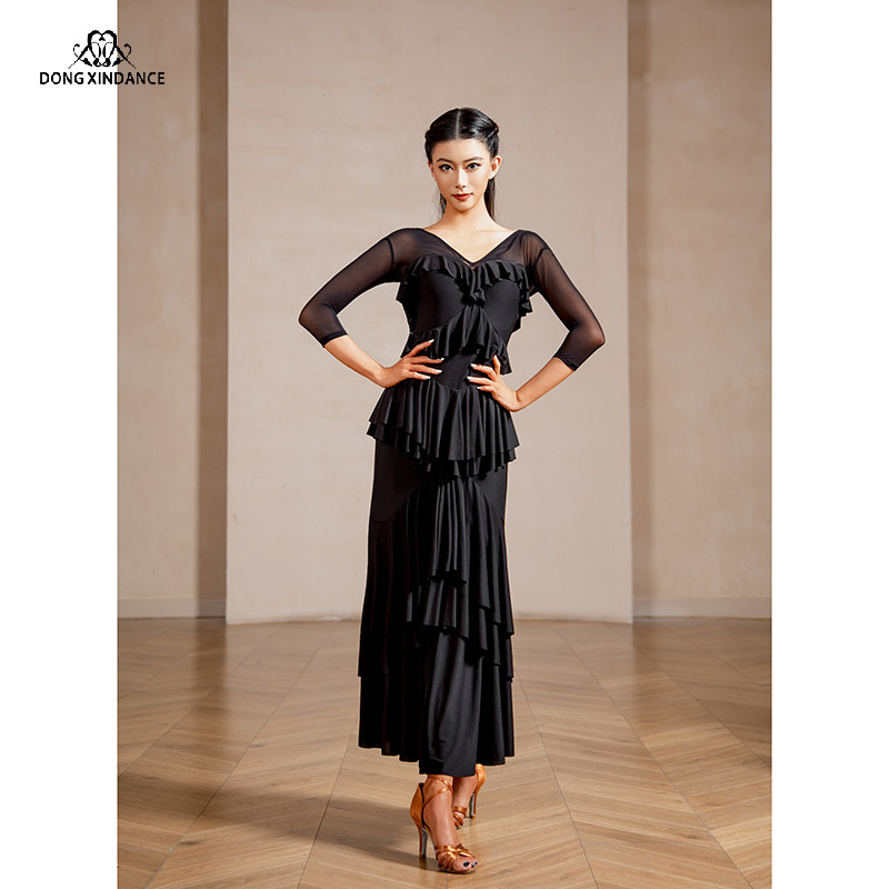 MY817东鑫舞服 [小礼服] 半透7分袖摩登舞裙多层荷叶边拼接连衣裙