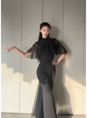 WT632 东鑫舞服荷叶边蝙蝠袖网纱半高领上衣拉丁舞专业舞蹈练习服