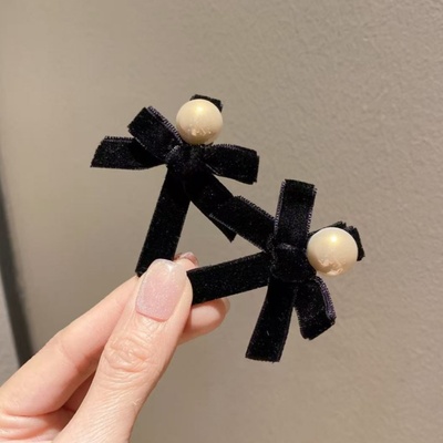韩版复古丝绒发卡蝴蝶结顶夹女珍珠鸭嘴夹小香风发夹侧面刘海夹子