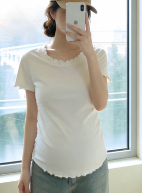 ins风孕妇装夏季新款木耳边圆领短袖T恤修身显瘦纯色棉质内搭上衣