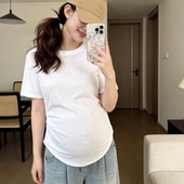 打底T恤 圆领棉质设计感褶皱收腰百搭显瘦短袖 小个子子孕妇装 夏季