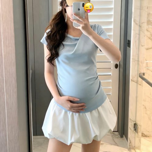 小个子孕妇装2026夏季宽松百搭短袖T恤衫设计感小众不规则显瘦款