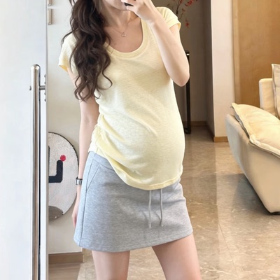 孕妇ins风短款打底衫夏季马卡龙色小个子U领小飞袖显瘦百搭修身款