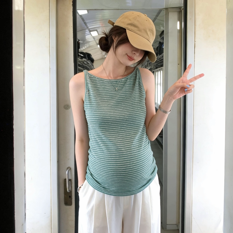 小个子孕妇装韩系简约度假风绿色条纹吊带背心夏季外穿百搭遮副乳