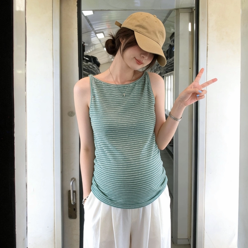 小个子孕妇装韩系简约度假风绿色条纹吊带背心夏季外穿百搭遮副乳