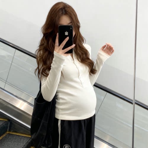 纯棉多纽扣哺乳衣孕妇装秋冬新款时尚长袖t恤v领上衣修身款打底衫