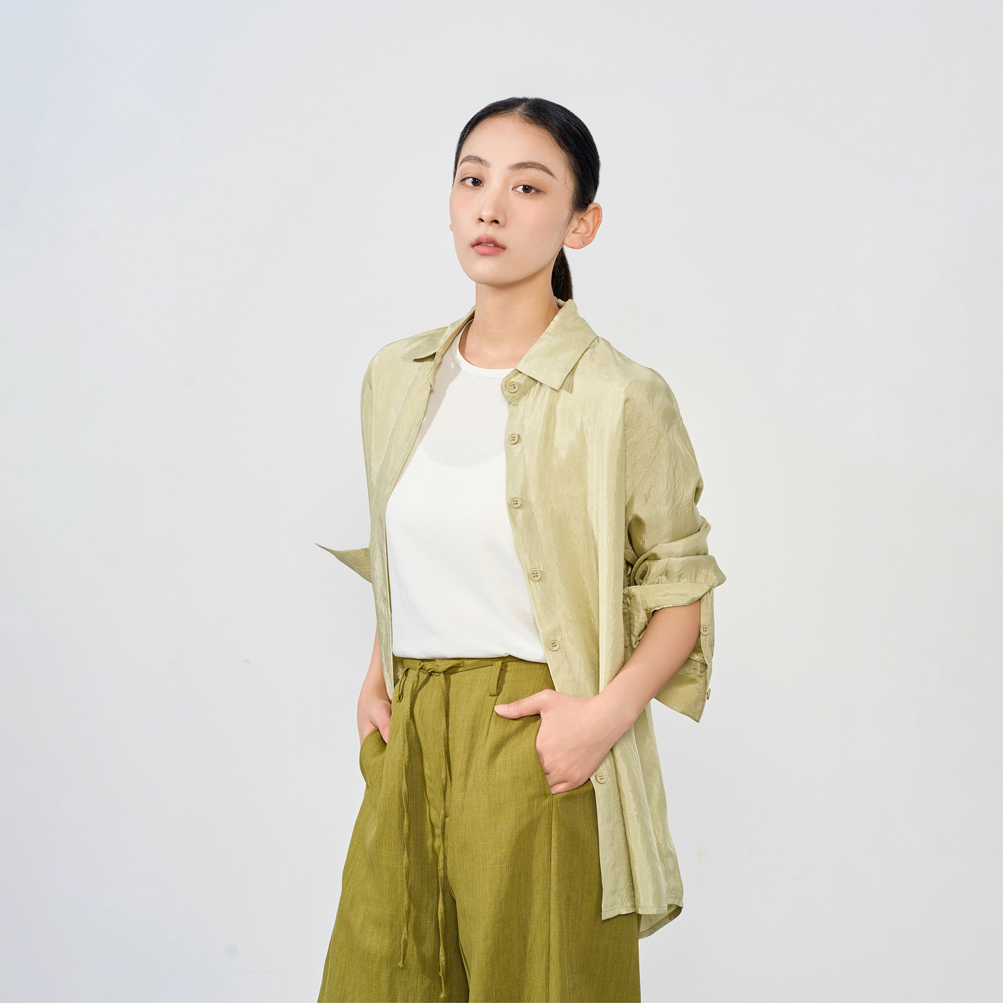 PRIRONNE【水光衫】慵懒风垂坠感休闲衬衫百搭神裤F349-T8602