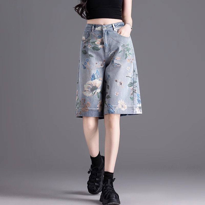 美式印花牛仔短裤女2026小个子高腰夏薄款直筒显瘦新款五分裤中裤