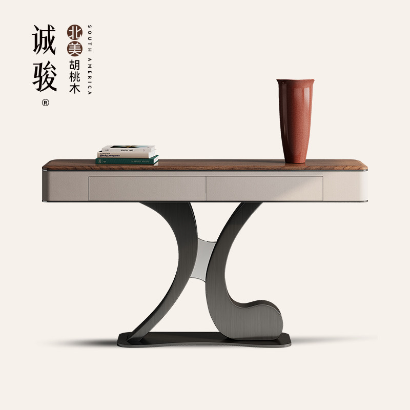 诚骏黑胡桃实木轻奢玄关柜客厅靠墙现代简约别墅艺术款定制端景台